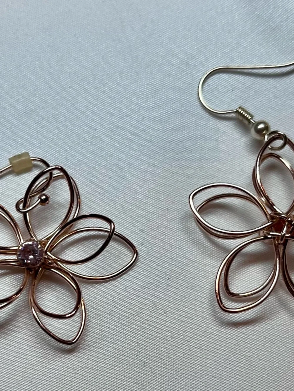 Rose Gold Flower Wire Loop Earrings with Clear Crystal - Picture 2 of 7